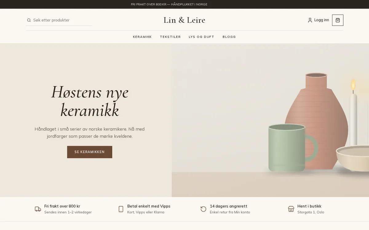 Forsiden til en nettbutikk med malen Klassisk