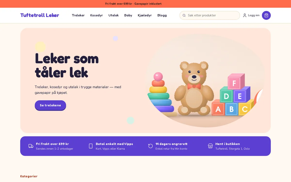 Forsiden til en nettbutikk med malen Lekende