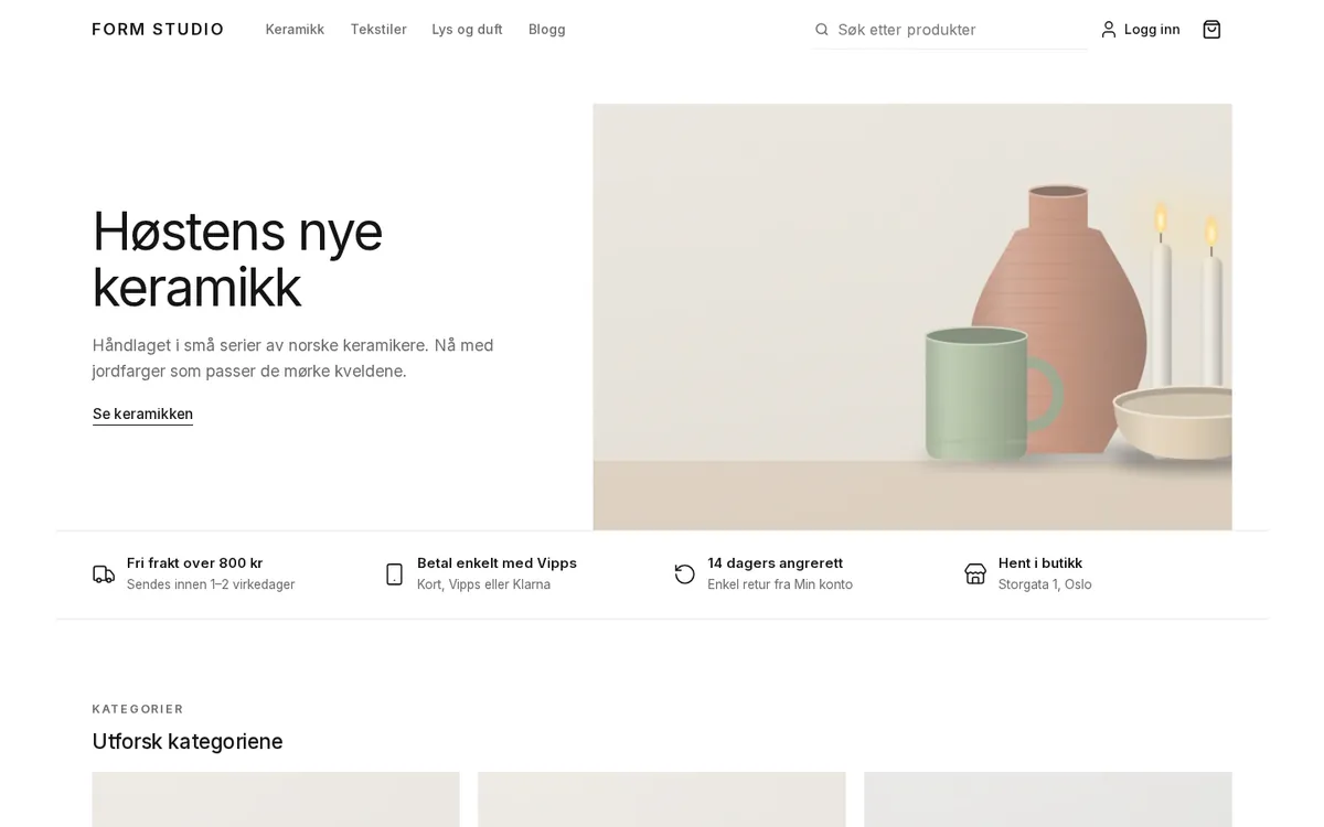 Forsiden til en nettbutikk med malen Minimal