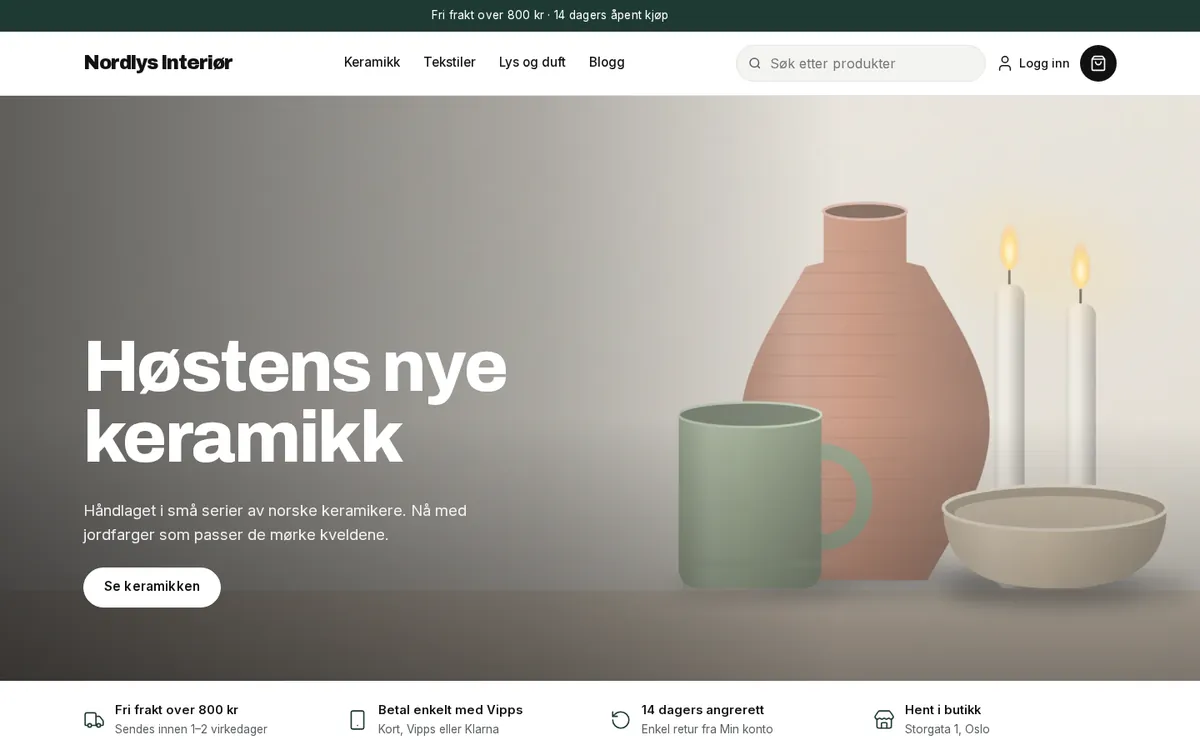 Forsiden til en nettbutikk med malen Moderne